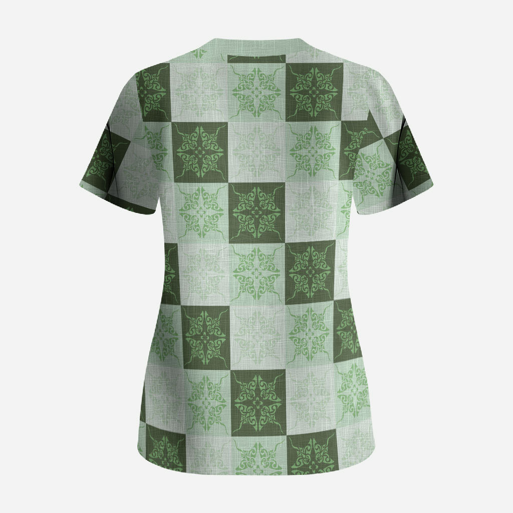 Sage Green Manta Ray Hawaiian Quilt Motif Scrub Top LT05 - Polynesian Pride