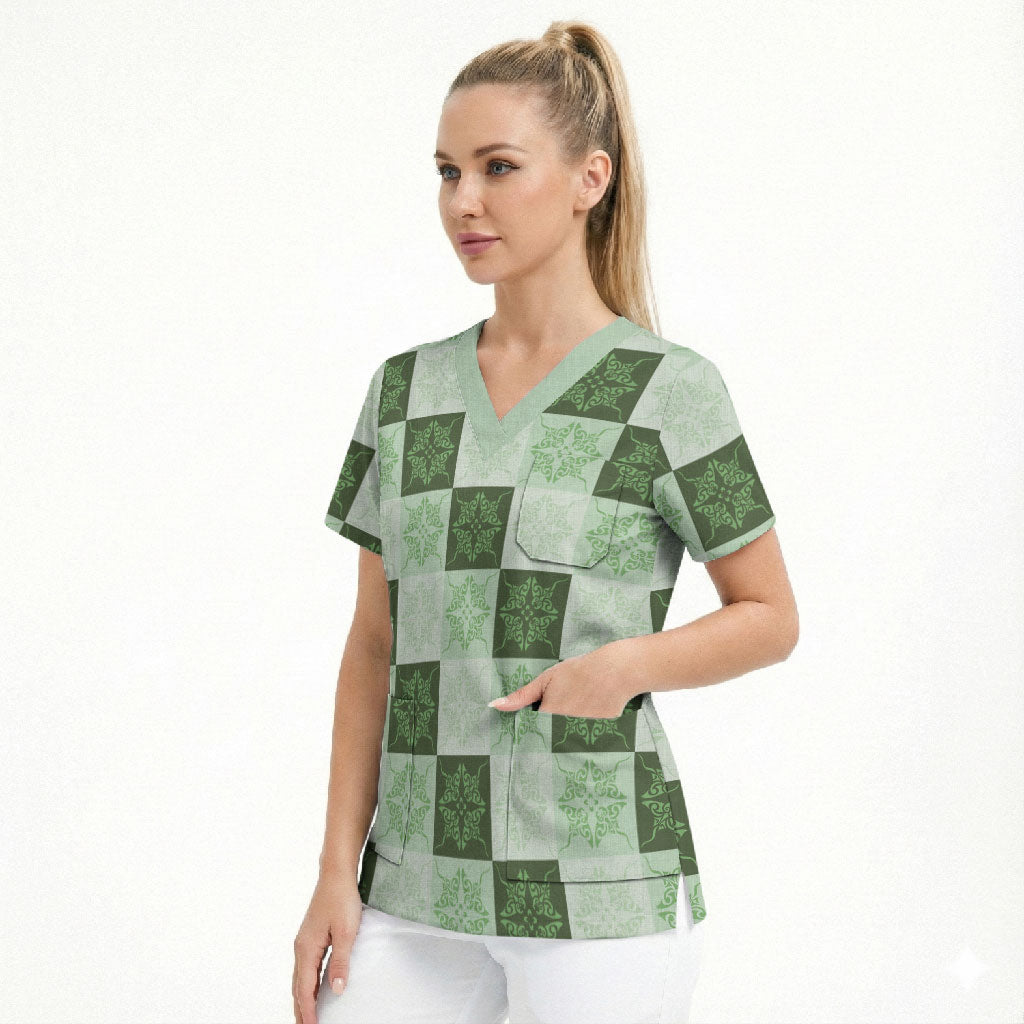 Sage Green Manta Ray Hawaiian Quilt Motif Scrub Top LT05 - Polynesian Pride