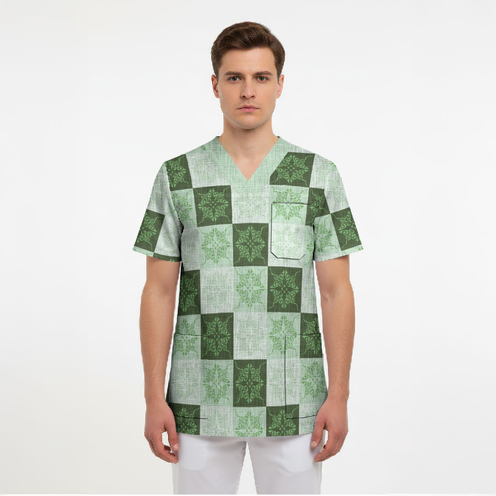 Sage Green Manta Ray Hawaiian Quilt Motif Scrub Top LT05 - Polynesian Pride