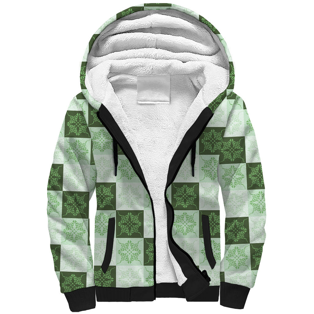 Sage Green Manta Ray Hawaiian Quilt Motif Sherpa Hoodie LT05 Unisex Green - Polynesian Pride