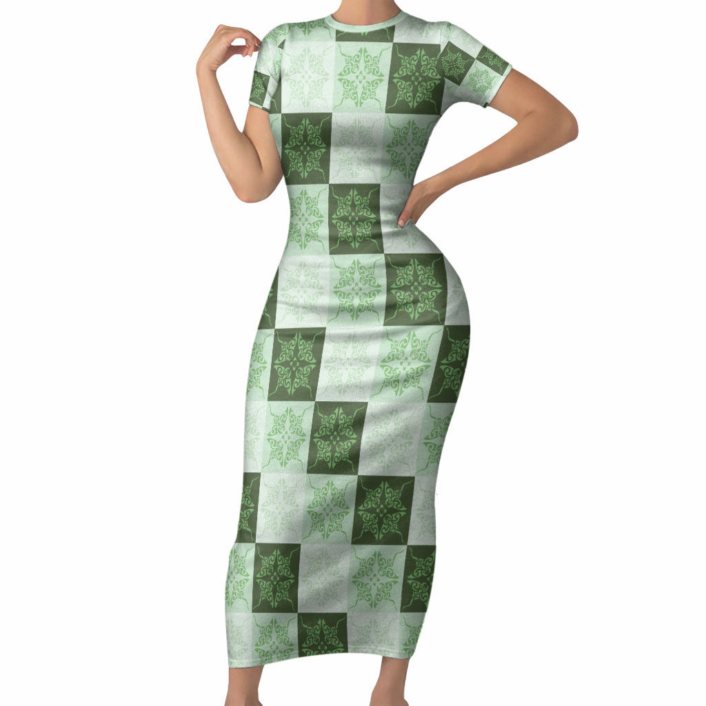 Sage Green Manta Ray Hawaiian Quilt Motif Short Sleeve Bodycon Dress LT05 Long Dress Green - Polynesian Pride
