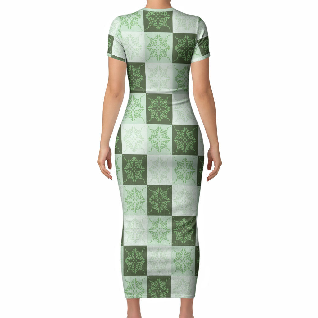 Sage Green Manta Ray Hawaiian Quilt Motif Short Sleeve Bodycon Dress LT05 - Polynesian Pride