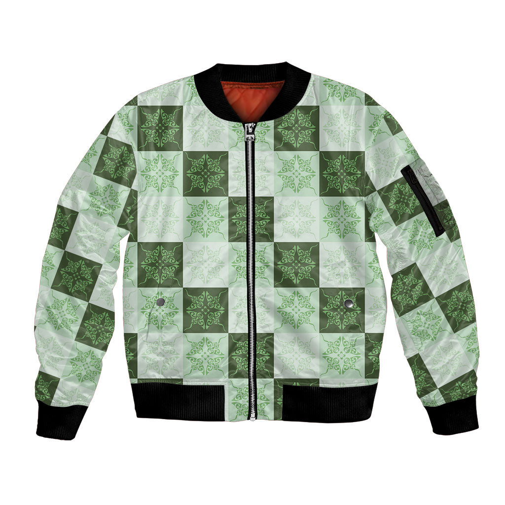 Sage Green Manta Ray Hawaiian Quilt Motif Sleeve Zip Bomber Jacket LT05 Unisex Green - Polynesian Pride