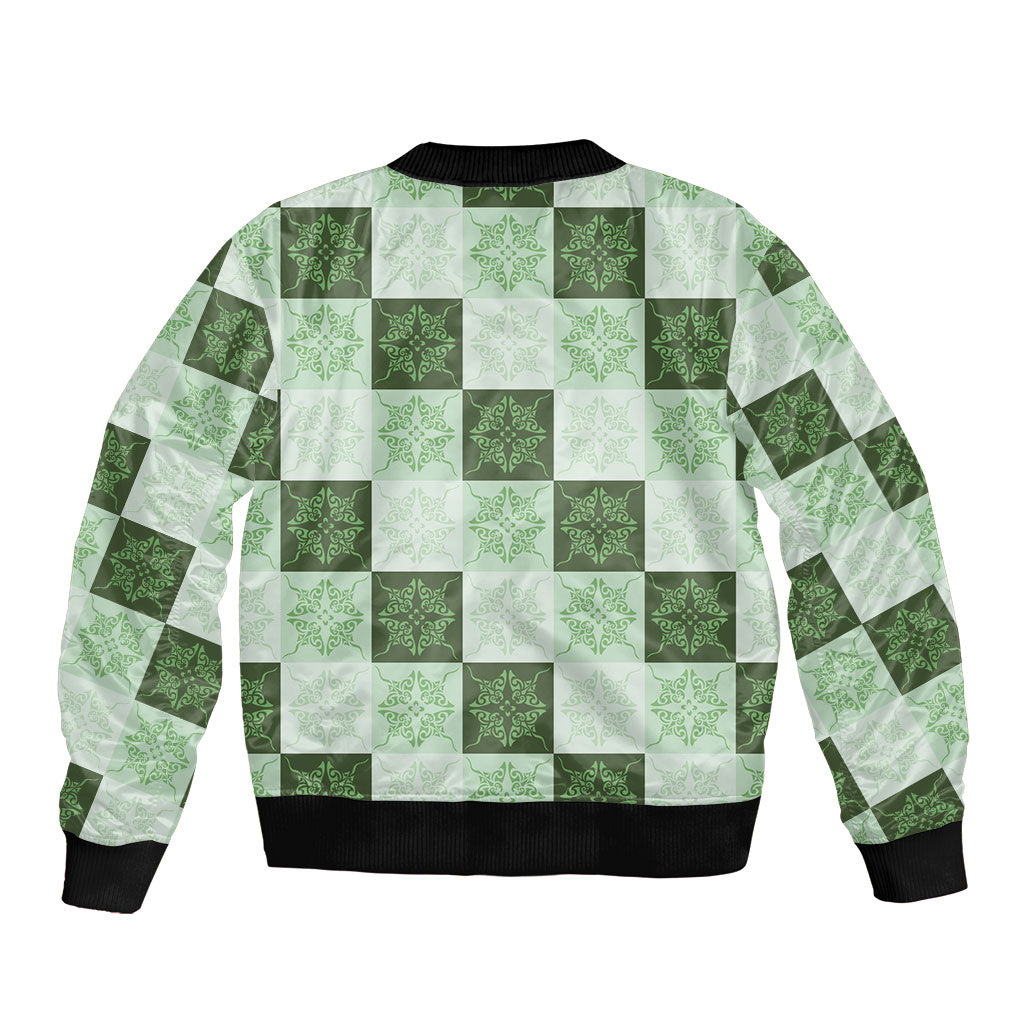 Sage Green Manta Ray Hawaiian Quilt Motif Sleeve Zip Bomber Jacket LT05 - Polynesian Pride