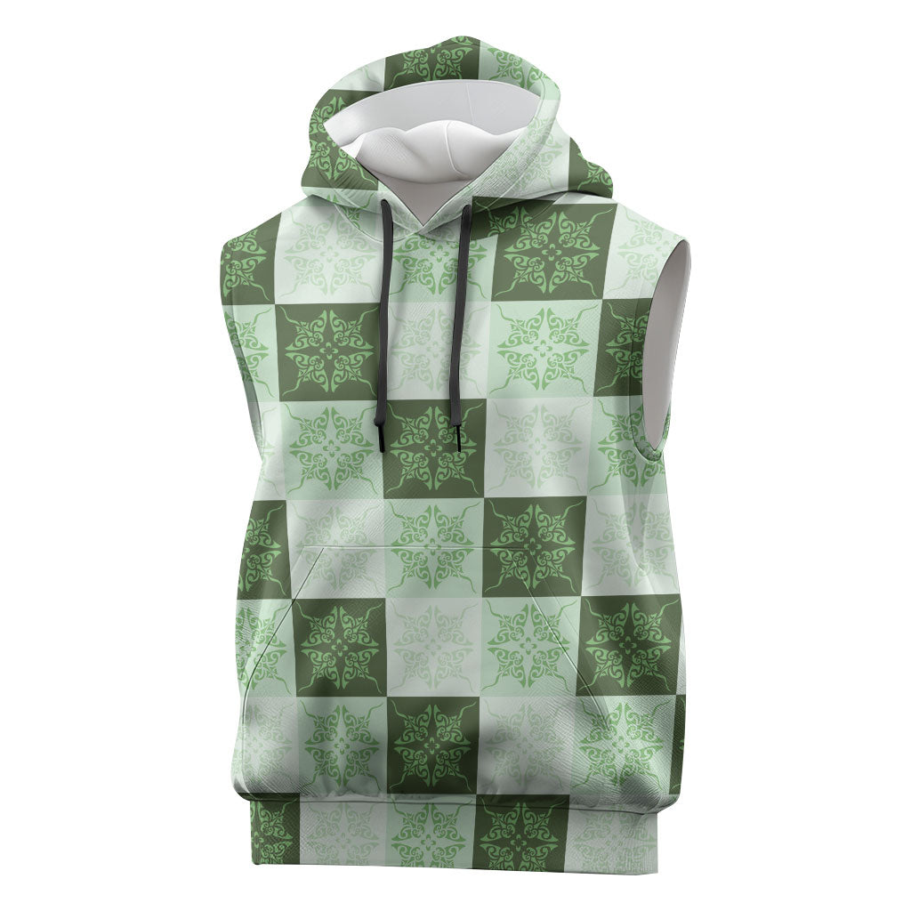 Sage Green Manta Ray Hawaiian Quilt Motif Sleeveless Hoodie LT05 Green - Polynesian Pride