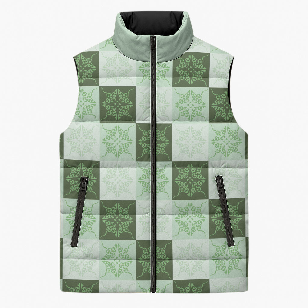 Sage Green Manta Ray Hawaiian Quilt Motif Sleeveless Puffer Jacket LT05 Unisex Green - Polynesian Pride