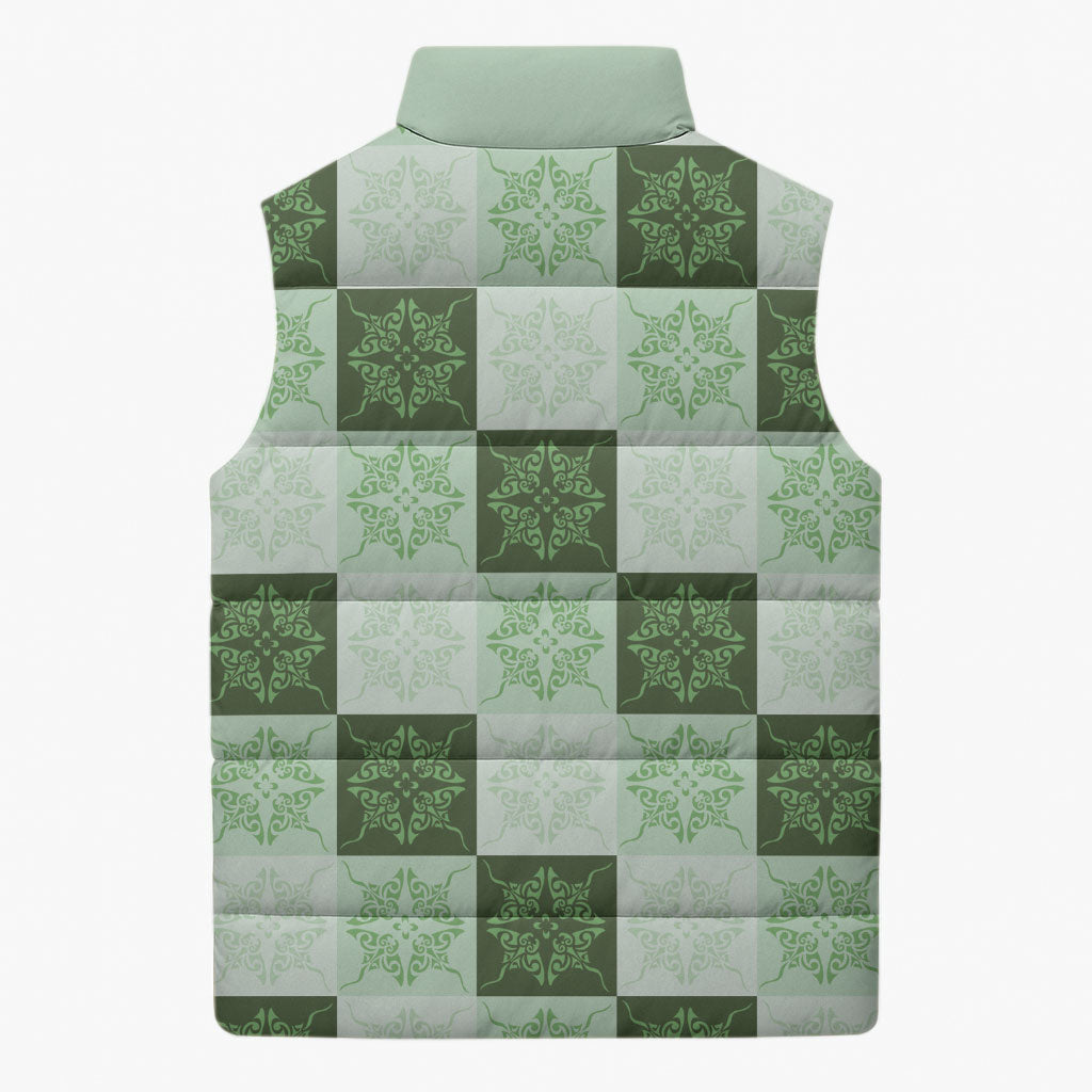 Sage Green Manta Ray Hawaiian Quilt Motif Sleeveless Puffer Jacket LT05 - Polynesian Pride