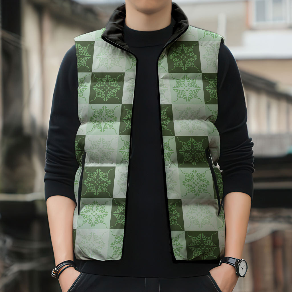 Sage Green Manta Ray Hawaiian Quilt Motif Sleeveless Puffer Jacket LT05 - Polynesian Pride