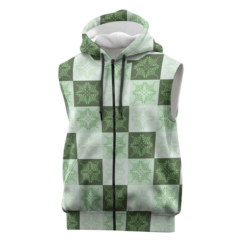 Sage Green Manta Ray Hawaiian Quilt Motif Sleeveless Zip Hoodie LT05 Green - Polynesian Pride