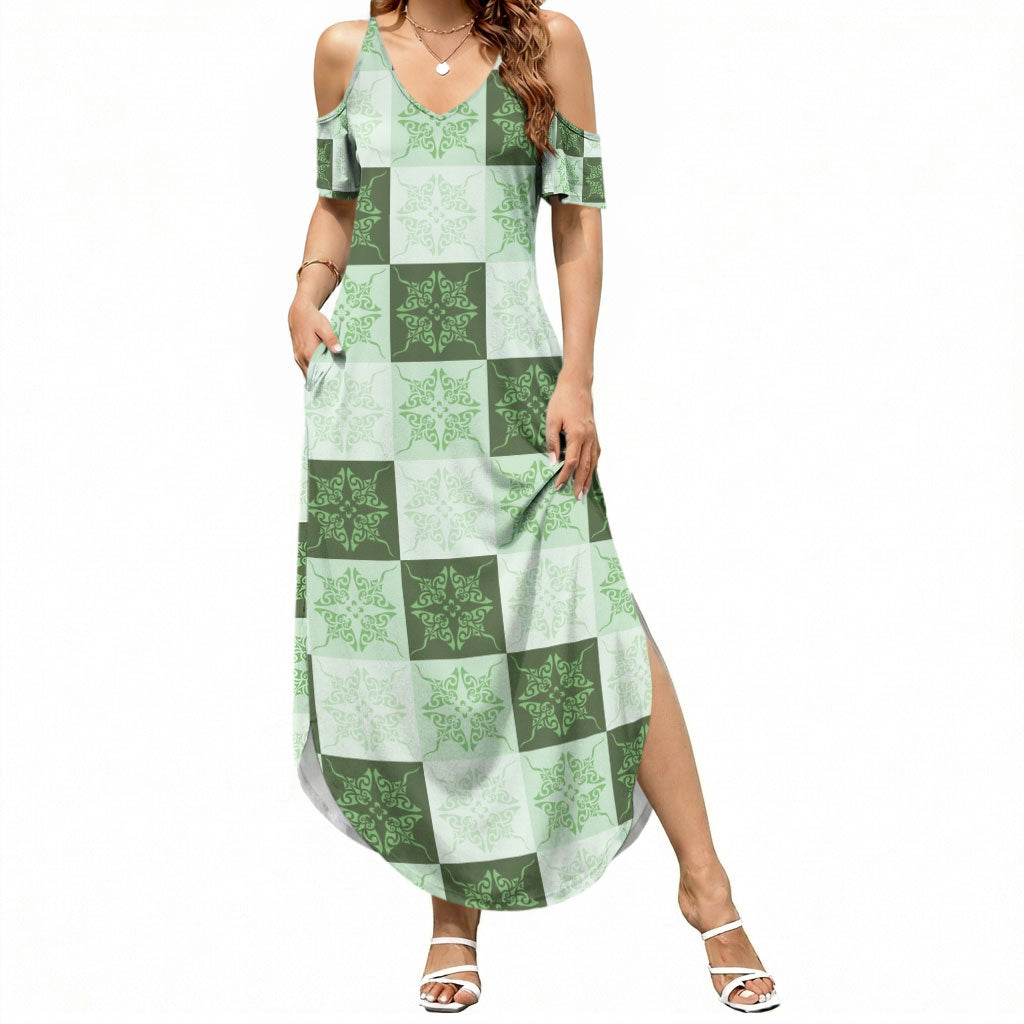 Sage Green Manta Ray Hawaiian Quilt Motif Summer Maxi Dress LT05 Women Green - Polynesian Pride