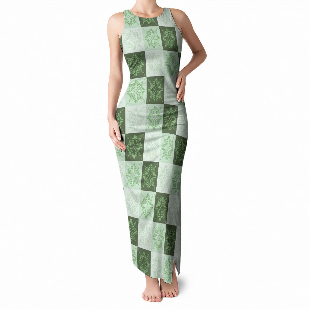 Sage Green Manta Ray Hawaiian Quilt Motif Tank Maxi Dress LT05 Women Green - Polynesian Pride