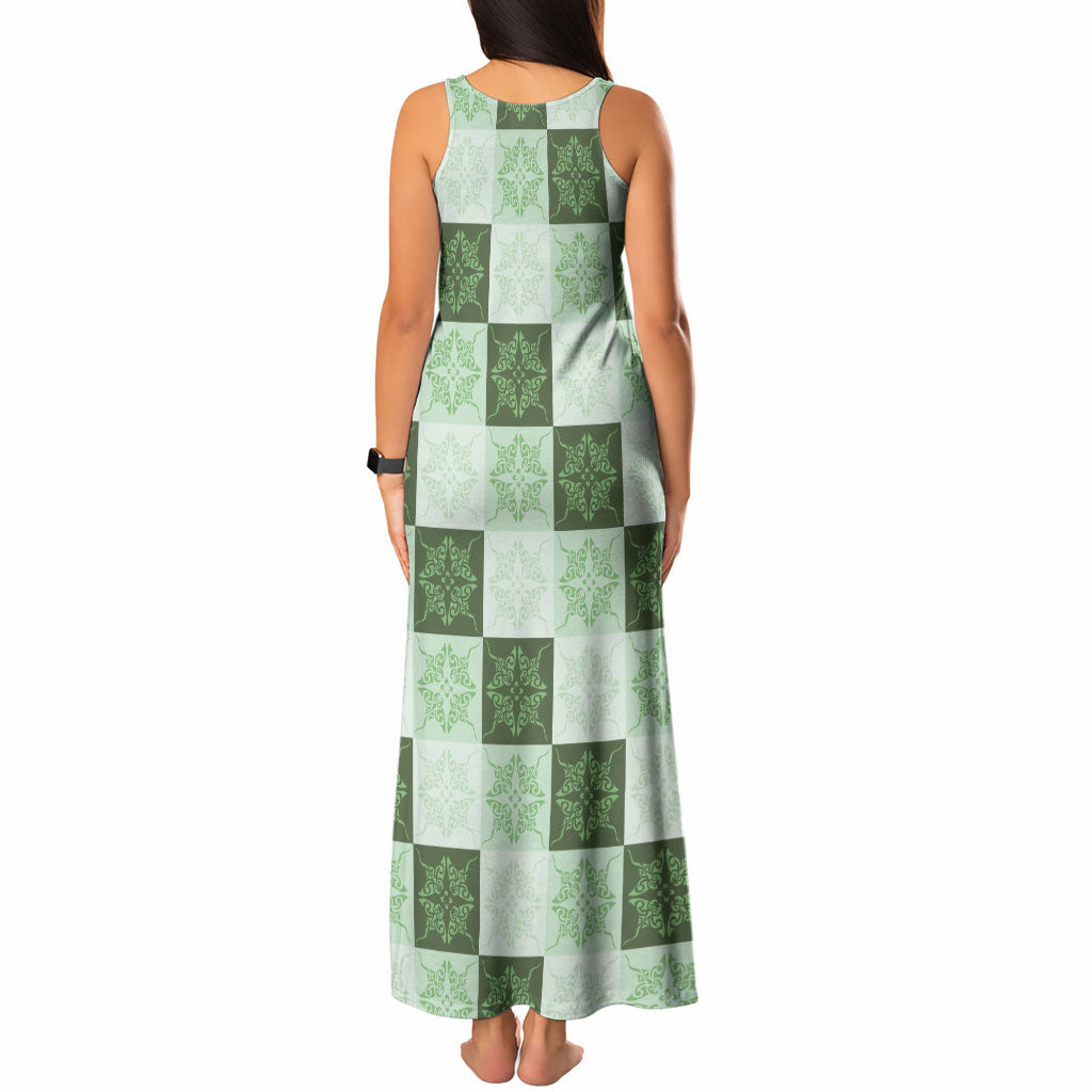 Sage Green Manta Ray Hawaiian Quilt Motif Tank Maxi Dress LT05 - Polynesian Pride