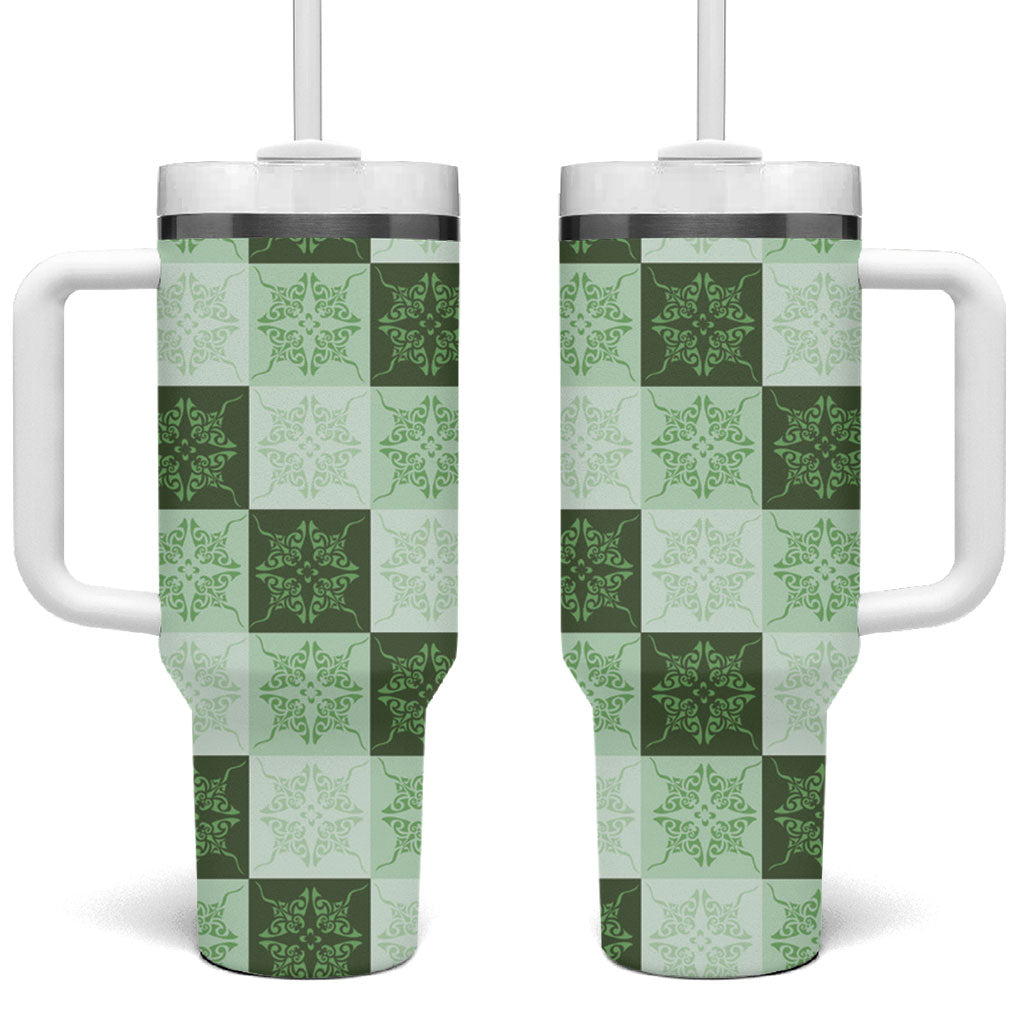 Sage Green Manta Ray Hawaiian Quilt Motif Tumbler With Handle LT05 One Size: 40 oz Green - Polynesian Pride