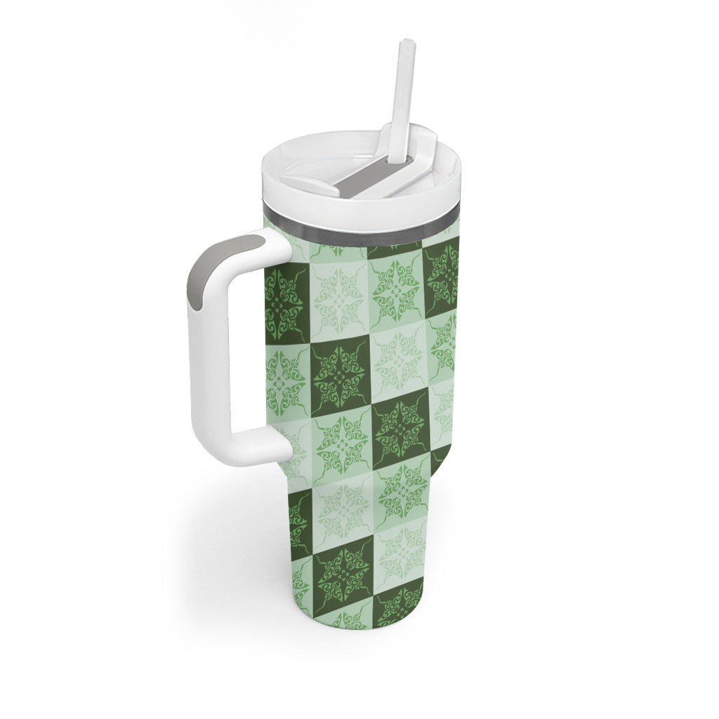 Sage Green Manta Ray Hawaiian Quilt Motif Tumbler With Handle LT05 - Polynesian Pride
