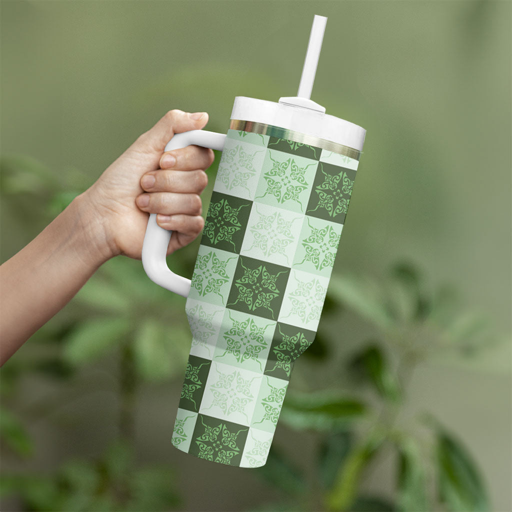 Sage Green Manta Ray Hawaiian Quilt Motif Tumbler With Handle LT05 - Polynesian Pride