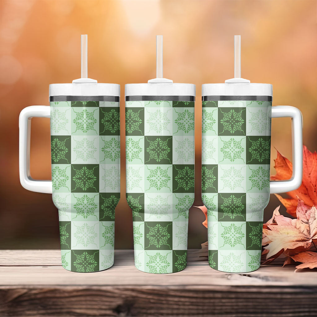 Sage Green Manta Ray Hawaiian Quilt Motif Tumbler With Handle LT05 - Polynesian Pride