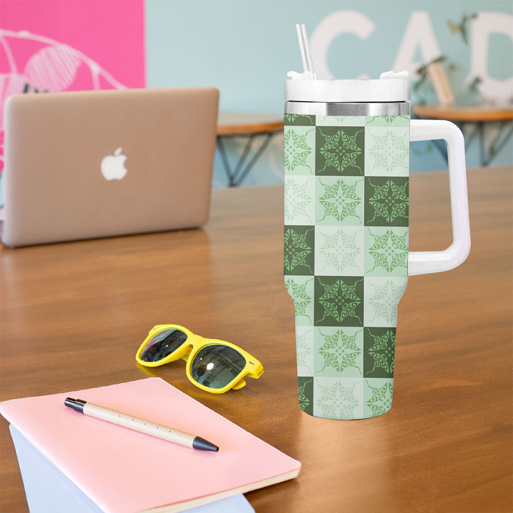 Sage Green Manta Ray Hawaiian Quilt Motif Tumbler With Handle LT05 - Polynesian Pride