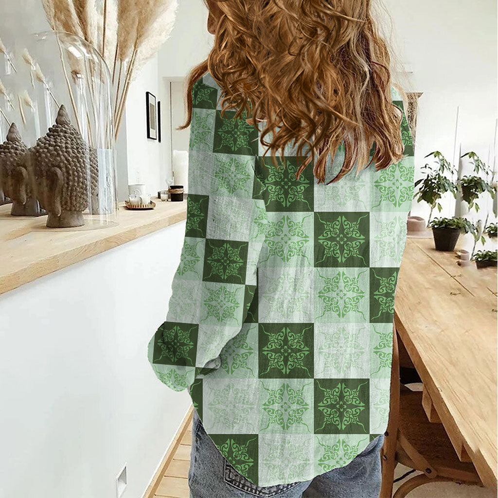 Sage Green Manta Ray Hawaiian Quilt Motif Women Casual Shirt LT05 - Polynesian Pride