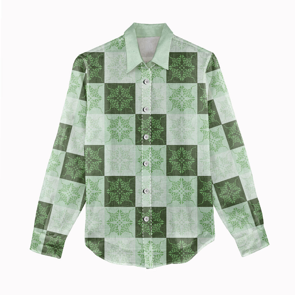Sage Green Manta Ray Hawaiian Quilt Motif Women Casual Shirt LT05 - Polynesian Pride