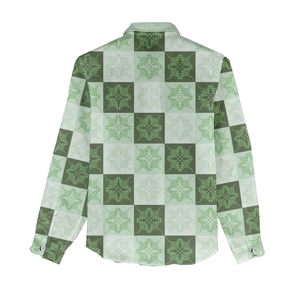 Sage Green Manta Ray Hawaiian Quilt Motif Women Casual Shirt LT05 - Polynesian Pride