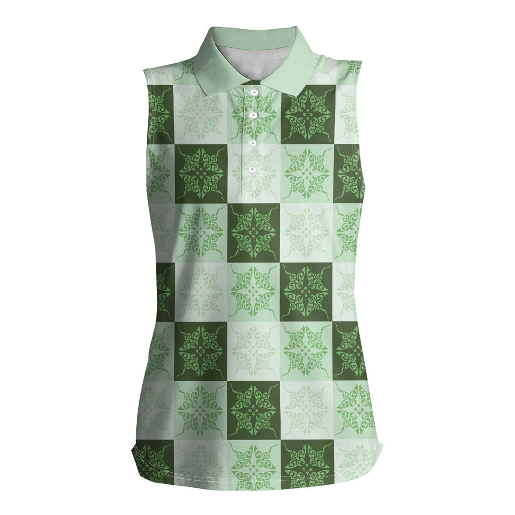 Sage Green Manta Ray Hawaiian Quilt Motif Women Sleeveless Polo Shirt LT05 Female Green - Polynesian Pride