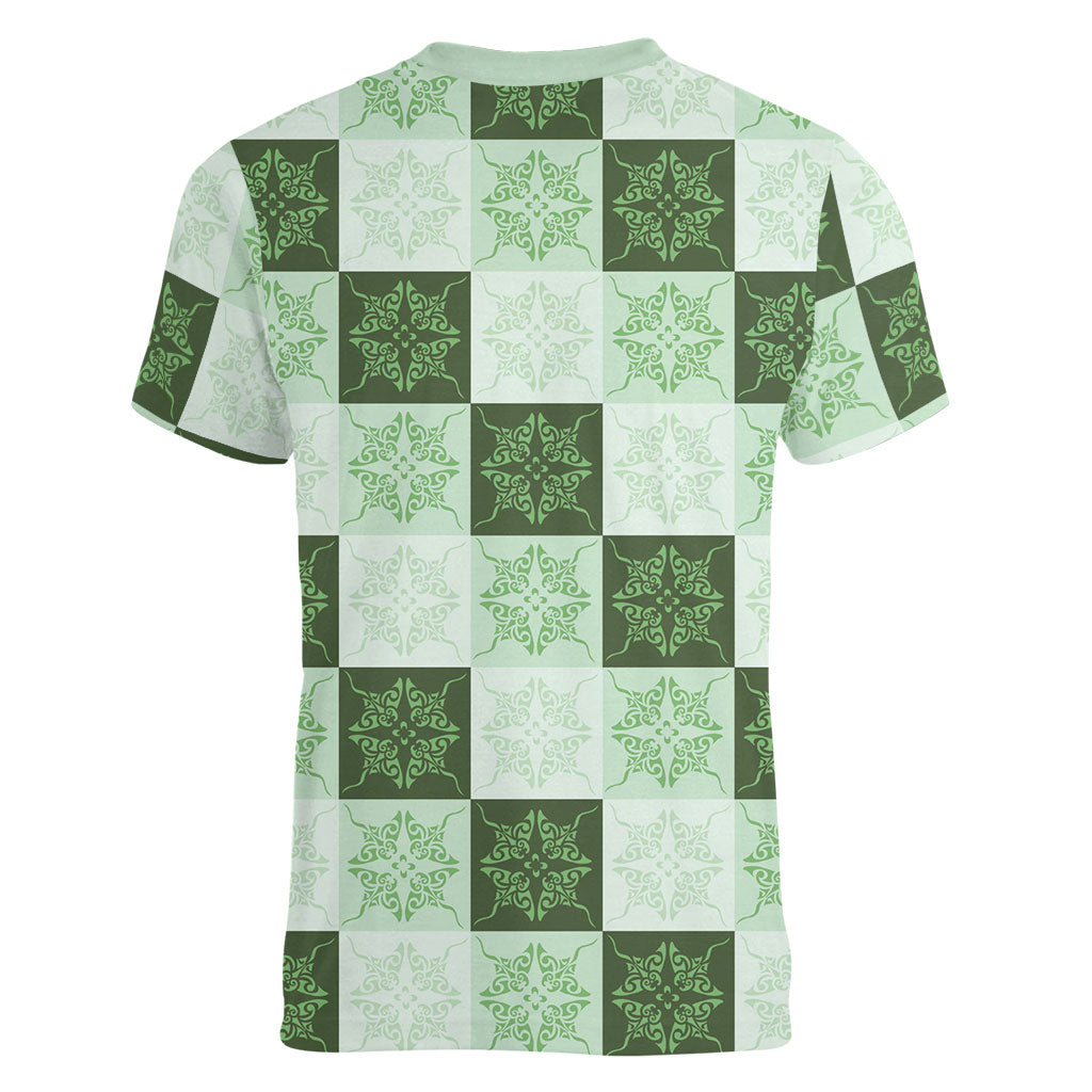 Sage Green Manta Ray Hawaiian Quilt Motif Women V-Neck T-Shirt LT05 - Polynesian Pride