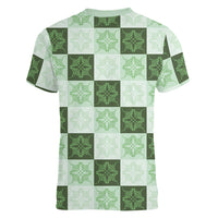 Sage Green Manta Ray Hawaiian Quilt Motif Women V-Neck T-Shirt LT05 - Polynesian Pride