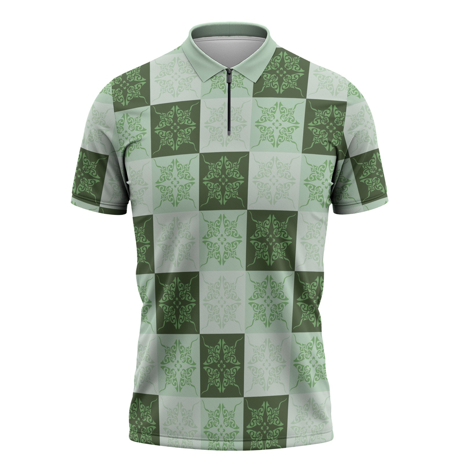 Sage Green Manta Ray Hawaiian Quilt Motif Zipper Polo Shirt LT05 Green - Polynesian Pride