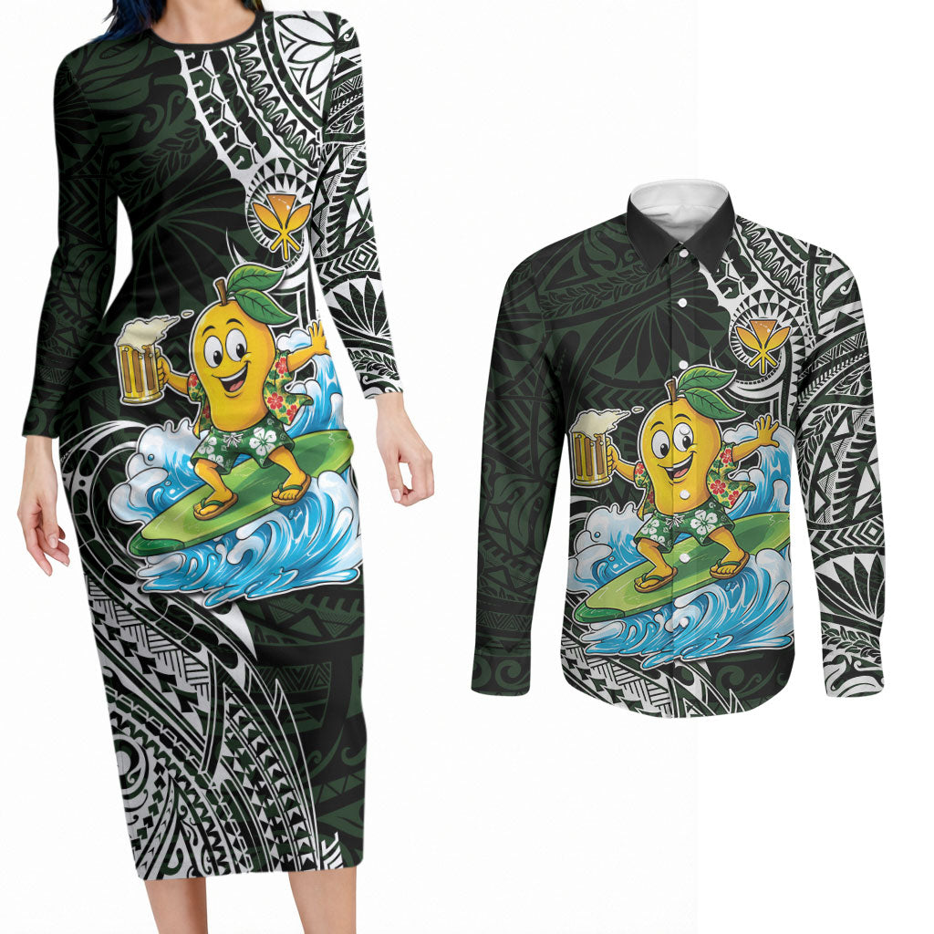 Aloha Hawaii Mango Surfing Couples Matching Long Sleeve Bodycon Dress and Long Sleeve Button Shirt Polynesian Style LT05 Black - Polynesian Pride