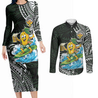 Aloha Hawaii Mango Surfing Couples Matching Long Sleeve Bodycon Dress and Long Sleeve Button Shirt Polynesian Style LT05 Black - Polynesian Pride