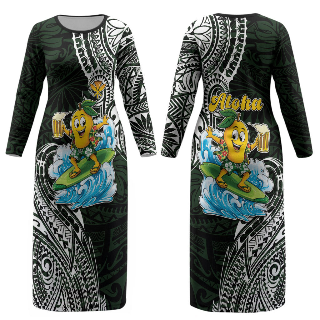 Aloha Hawaii Mango Surfing Couples Matching Long Sleeve Bodycon Dress and Long Sleeve Button Shirt Polynesian Style LT05 - Polynesian Pride