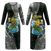 Aloha Hawaii Mango Surfing Couples Matching Long Sleeve Bodycon Dress and Long Sleeve Button Shirt Polynesian Style LT05 - Polynesian Pride