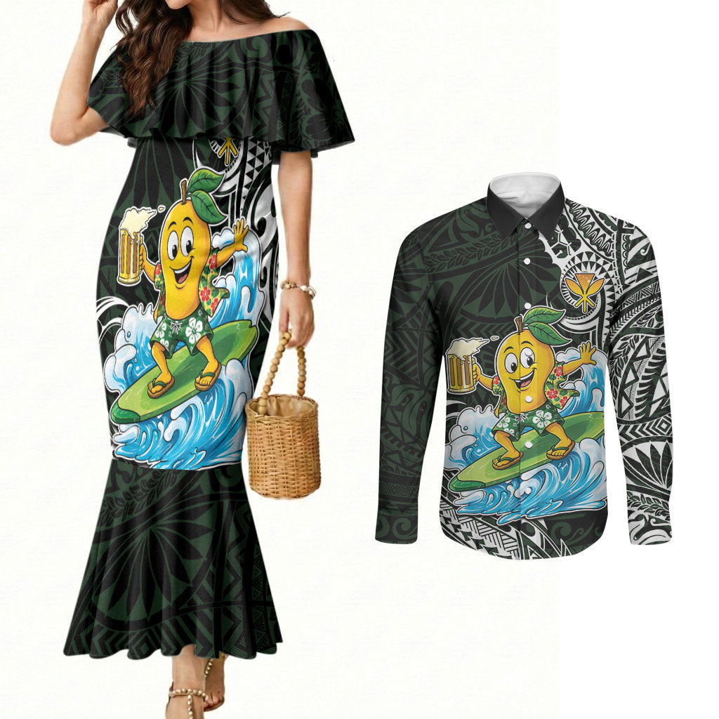 Aloha Hawaii Mango Surfing Couples Matching Mermaid Dress and Long Sleeve Button Shirt Polynesian Style LT05 Black - Polynesian Pride