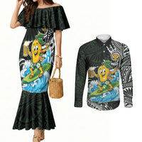 Aloha Hawaii Mango Surfing Couples Matching Mermaid Dress and Long Sleeve Button Shirt Polynesian Style LT05 Black - Polynesian Pride