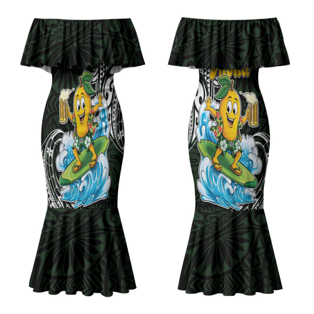 Aloha Hawaii Mango Surfing Couples Matching Mermaid Dress and Long Sleeve Button Shirt Polynesian Style LT05 - Polynesian Pride
