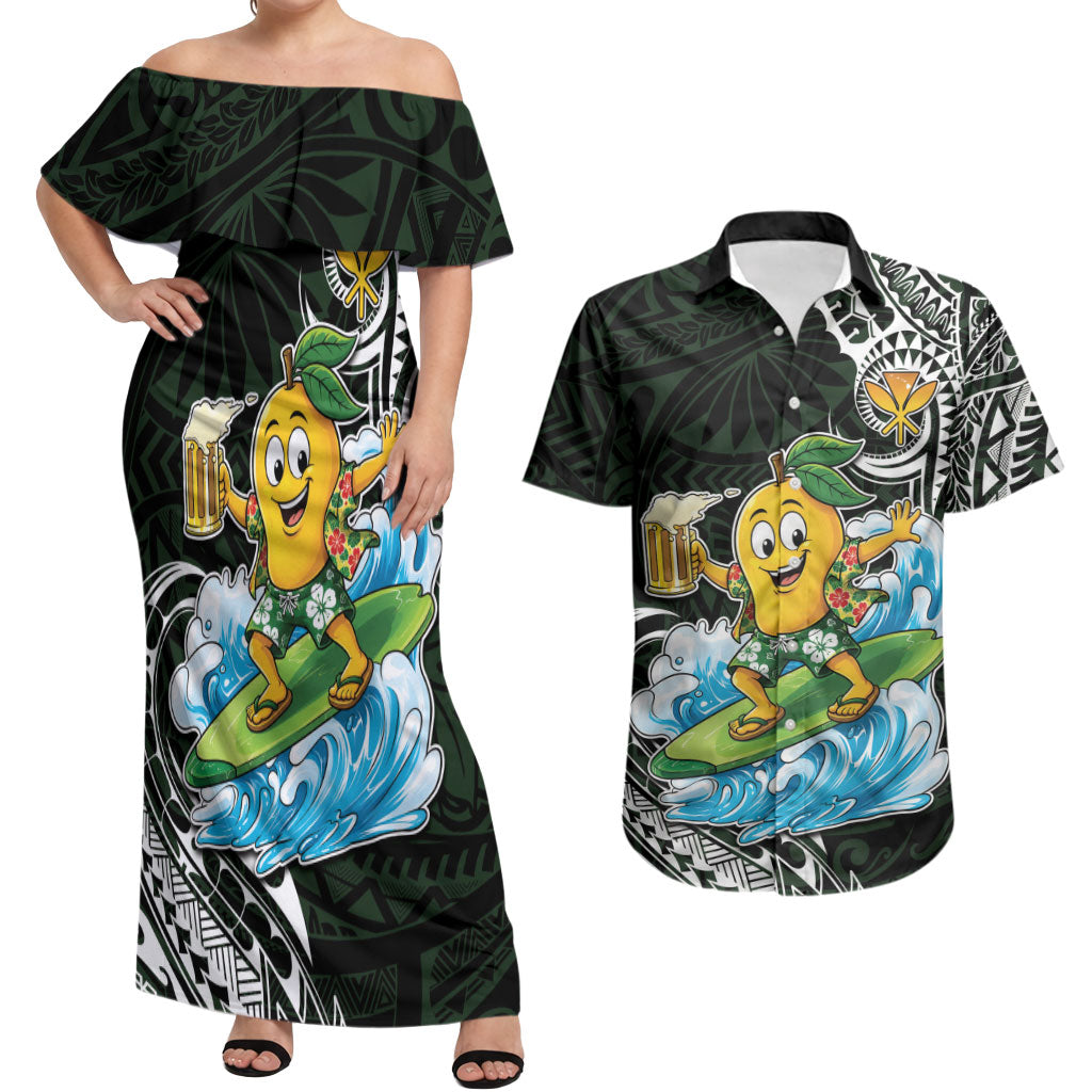 Aloha Hawaii Mango Surfing Couples Matching Off Shoulder Maxi Dress and Hawaiian Shirt Polynesian Style LT05 Black - Polynesian Pride
