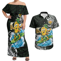 Aloha Hawaii Mango Surfing Couples Matching Off Shoulder Maxi Dress and Hawaiian Shirt Polynesian Style LT05 Black - Polynesian Pride