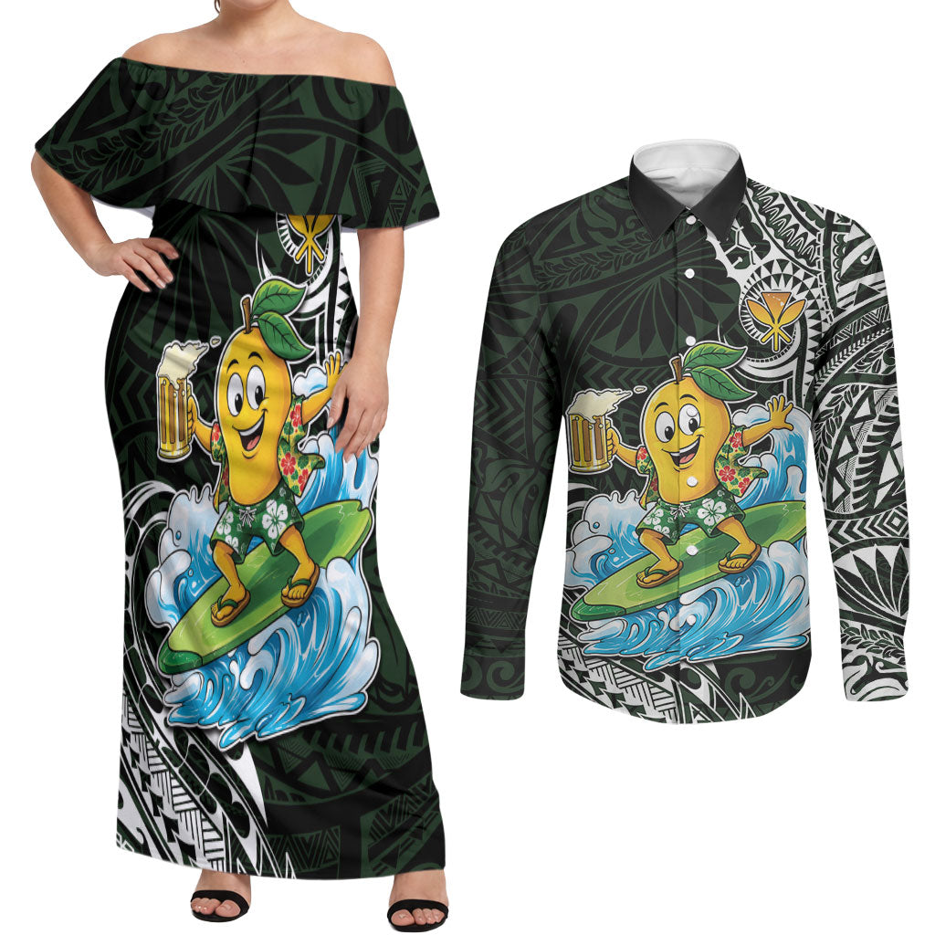 Aloha Hawaii Mango Surfing Couples Matching Off Shoulder Maxi Dress and Long Sleeve Button Shirt Polynesian Style LT05 Black - Polynesian Pride
