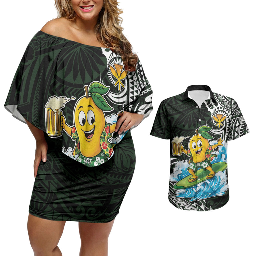 Aloha Hawaii Mango Surfing Couples Matching Off Shoulder Short Dress and Hawaiian Shirt Polynesian Style LT05 Black - Polynesian Pride