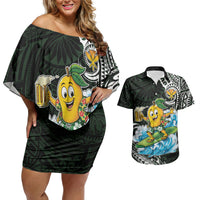 Aloha Hawaii Mango Surfing Couples Matching Off Shoulder Short Dress and Hawaiian Shirt Polynesian Style LT05 Black - Polynesian Pride