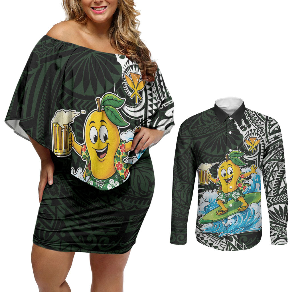 Aloha Hawaii Mango Surfing Couples Matching Off Shoulder Short Dress and Long Sleeve Button Shirt Polynesian Style LT05 Black - Polynesian Pride