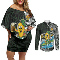Aloha Hawaii Mango Surfing Couples Matching Off Shoulder Short Dress and Long Sleeve Button Shirt Polynesian Style LT05 Black - Polynesian Pride