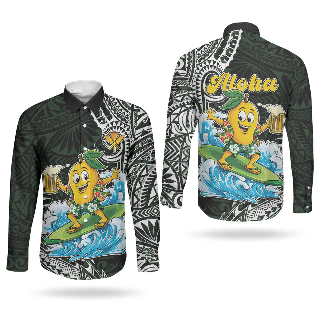 Aloha Hawaii Mango Surfing Couples Matching Off Shoulder Short Dress and Long Sleeve Button Shirt Polynesian Style LT05 - Polynesian Pride