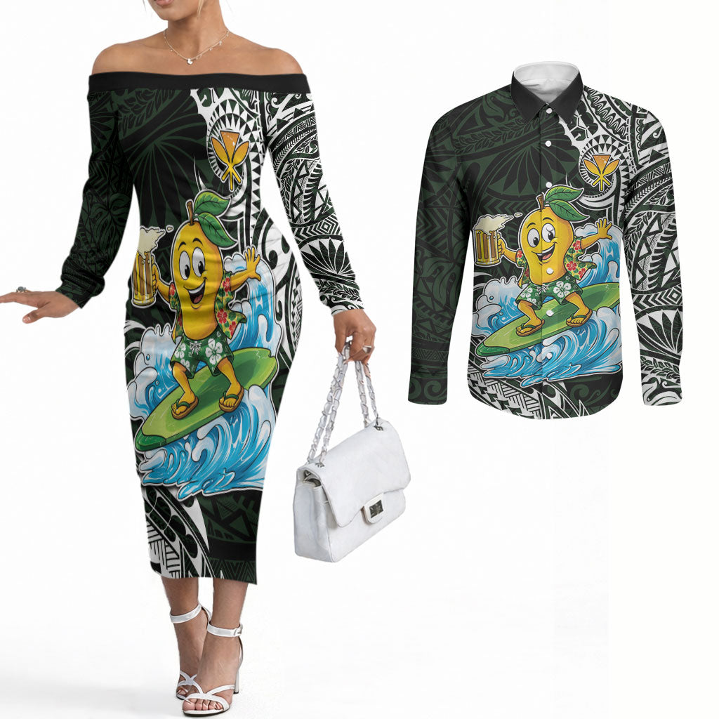 Aloha Hawaii Mango Surfing Couples Matching Off The Shoulder Long Sleeve Dress and Long Sleeve Button Shirt Polynesian Style LT05 Black - Polynesian Pride