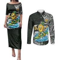 Aloha Hawaii Mango Surfing Couples Matching Puletasi and Long Sleeve Button Shirt Polynesian Style LT05 Black - Polynesian Pride