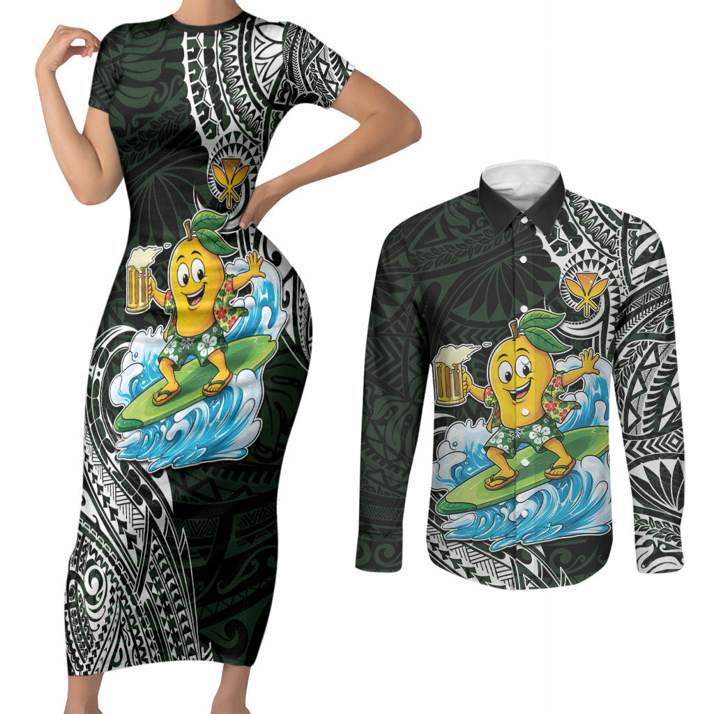 Aloha Hawaii Mango Surfing Couples Matching Short Sleeve Bodycon Dress and Long Sleeve Button Shirt Polynesian Style LT05 Black - Polynesian Pride