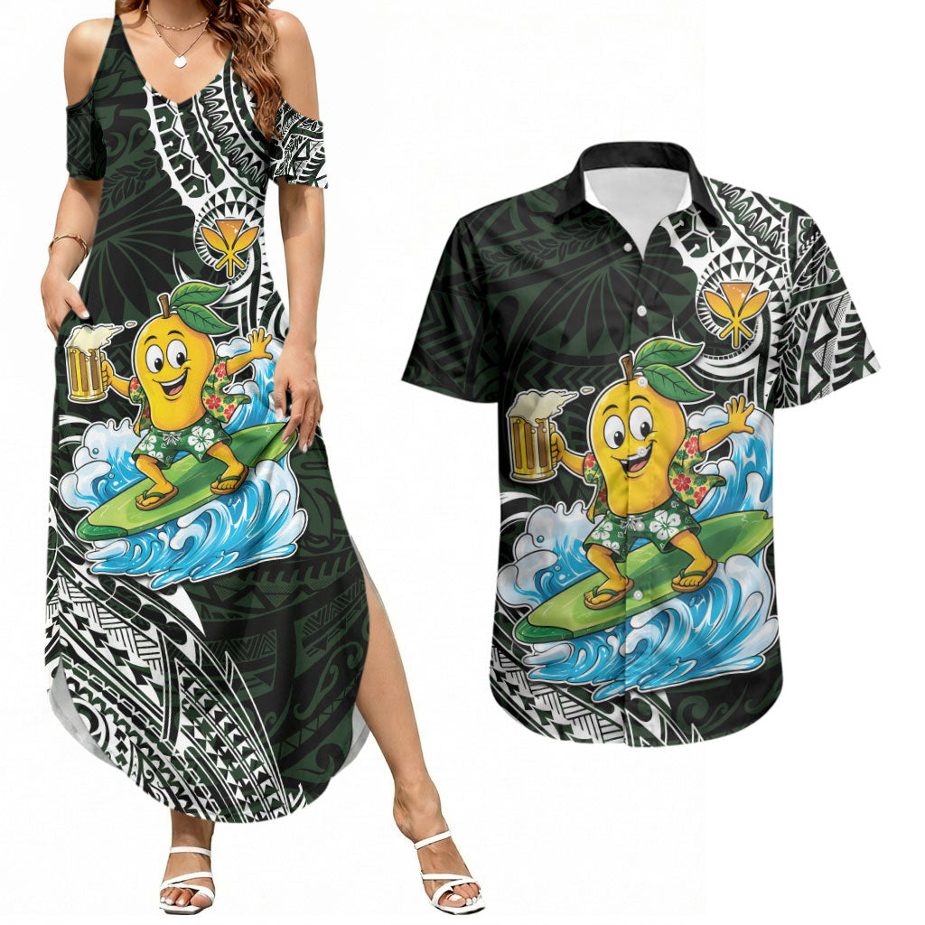 Aloha Hawaii Mango Surfing Couples Matching Summer Maxi Dress and Hawaiian Shirt Polynesian Style LT05 Black - Polynesian Pride