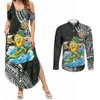Aloha Hawaii Mango Surfing Couples Matching Summer Maxi Dress and Long Sleeve Button Shirt Polynesian Style LT05 Black - Polynesian Pride