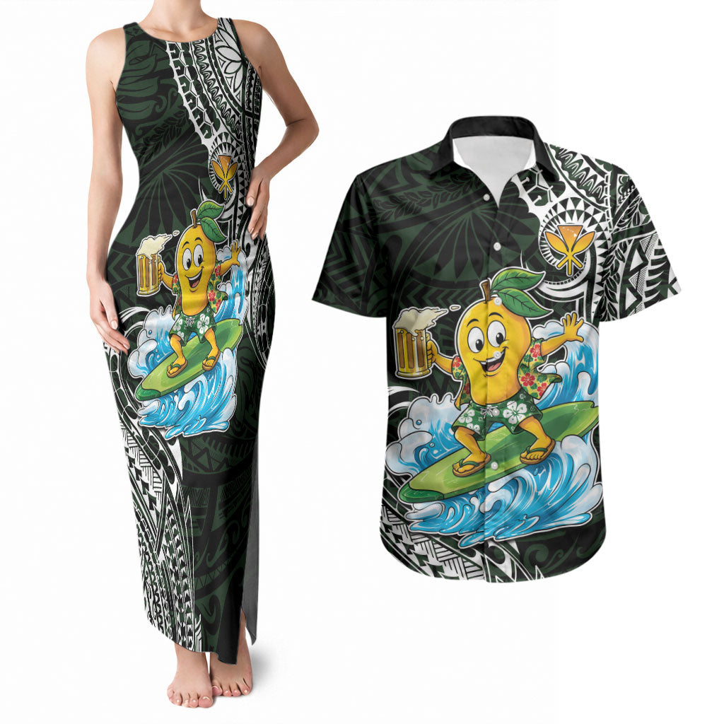 Aloha Hawaii Mango Surfing Couples Matching Tank Maxi Dress and Hawaiian Shirt Polynesian Style LT05 Black - Polynesian Pride