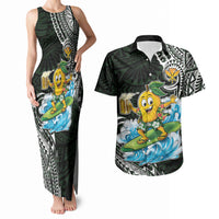 Aloha Hawaii Mango Surfing Couples Matching Tank Maxi Dress and Hawaiian Shirt Polynesian Style LT05 Black - Polynesian Pride